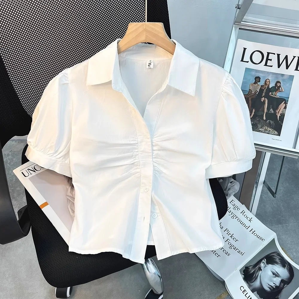 Damska bluzka typu bubble, letnia, nowa, młodzieżowy design, wersja koreańska, dopasowany krój, włókno poliestrowe.