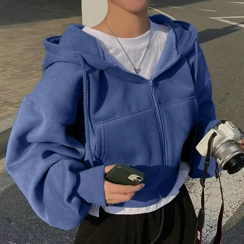 女性用フリース裏地付きクロップドジップフーディースリムフィットスウェットシャツ春秋暖かいスリムジャケット、滑らかなシルエット