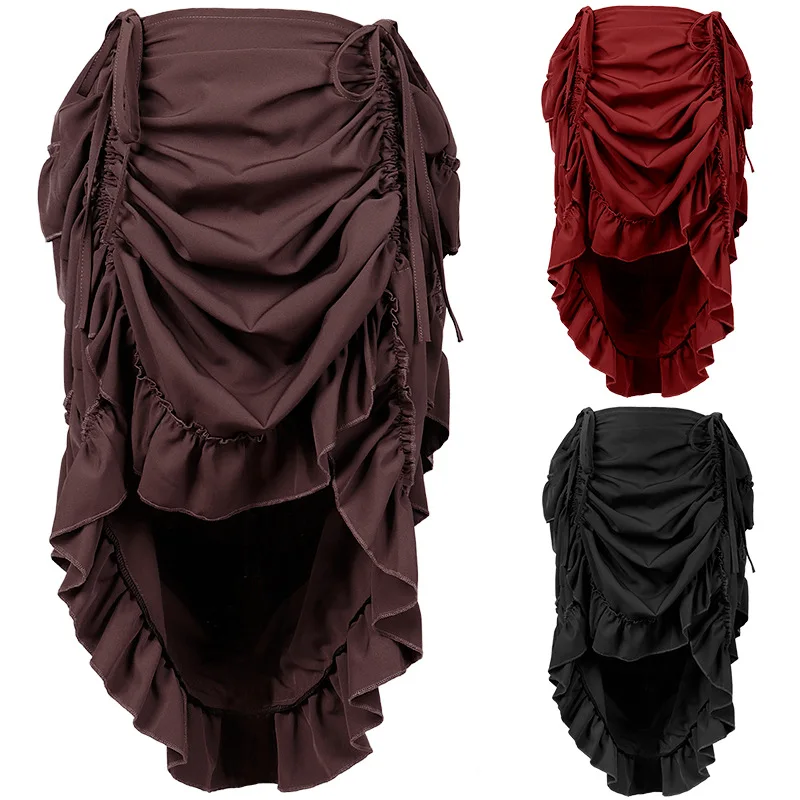 Women Gothic Steampunk Skirt Victorian High-Low Bustle Skirt Female Party Medieval Vintage Ruffle Punk Halloween Pirate Costumes