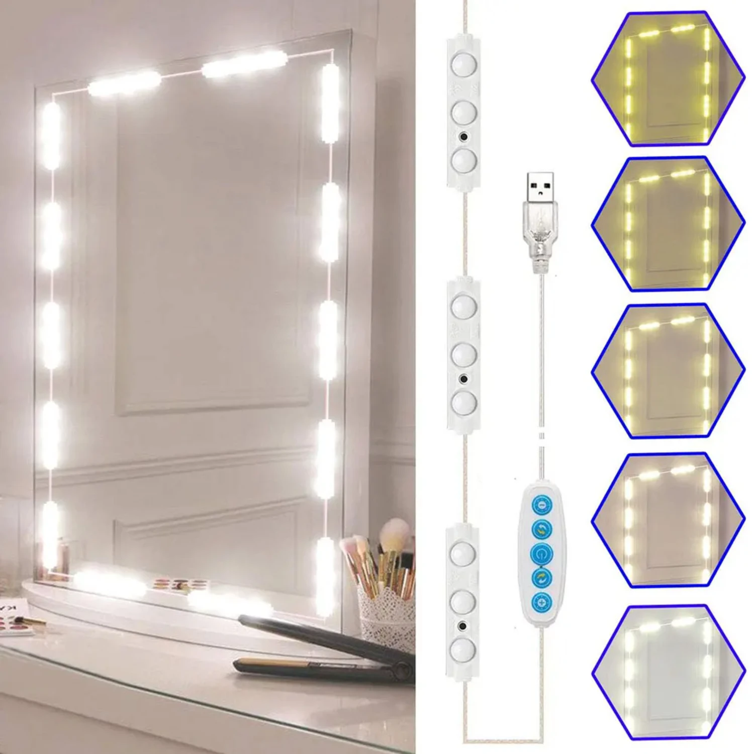 

New Dimmable LED Vanity Light Makeup Mirror with 5 Colors and LED Light Bulbs, USB 5V Vanity Lights for Bathroom Dressing Table