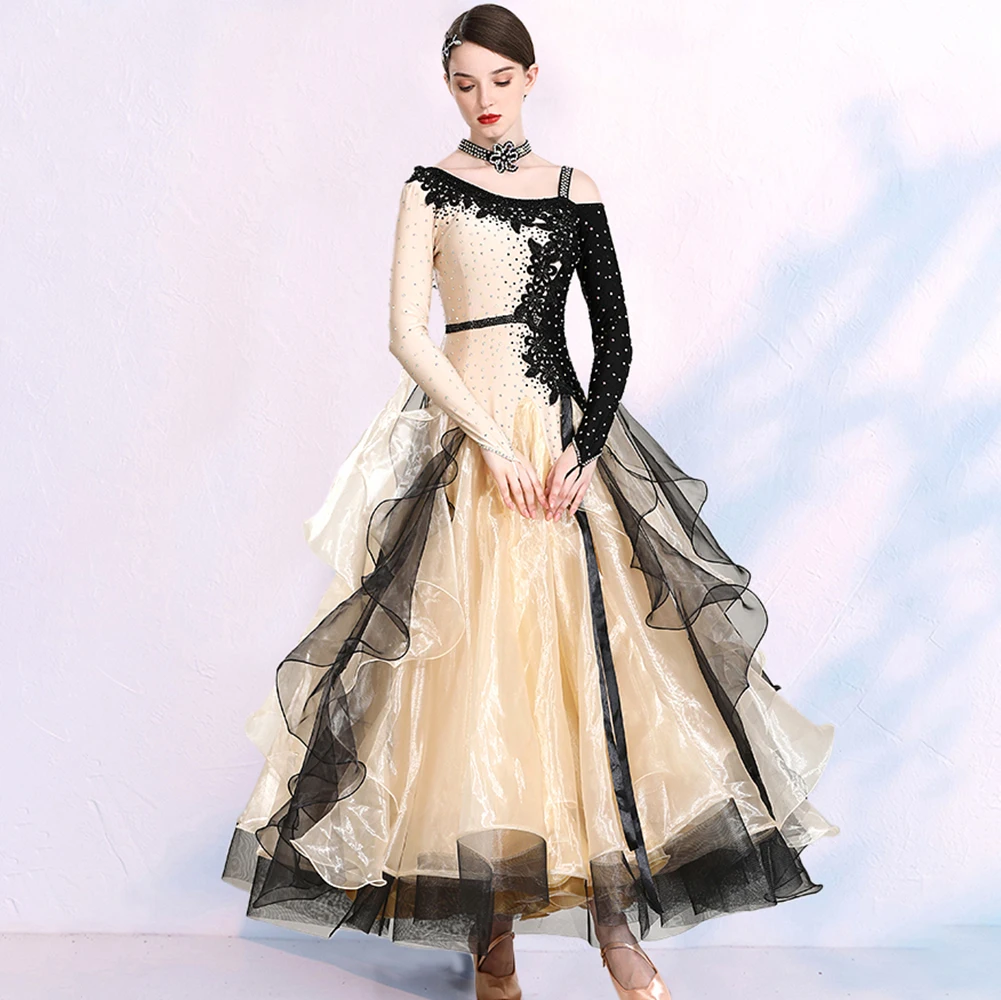 فستان رقص الفالس بأكمام طويلة، فستان أحمر أصفر، شريط، فستان رقص قاعة الرقص، فستان أزرق بحيرة للحفلات الراقصة عالي الجودة