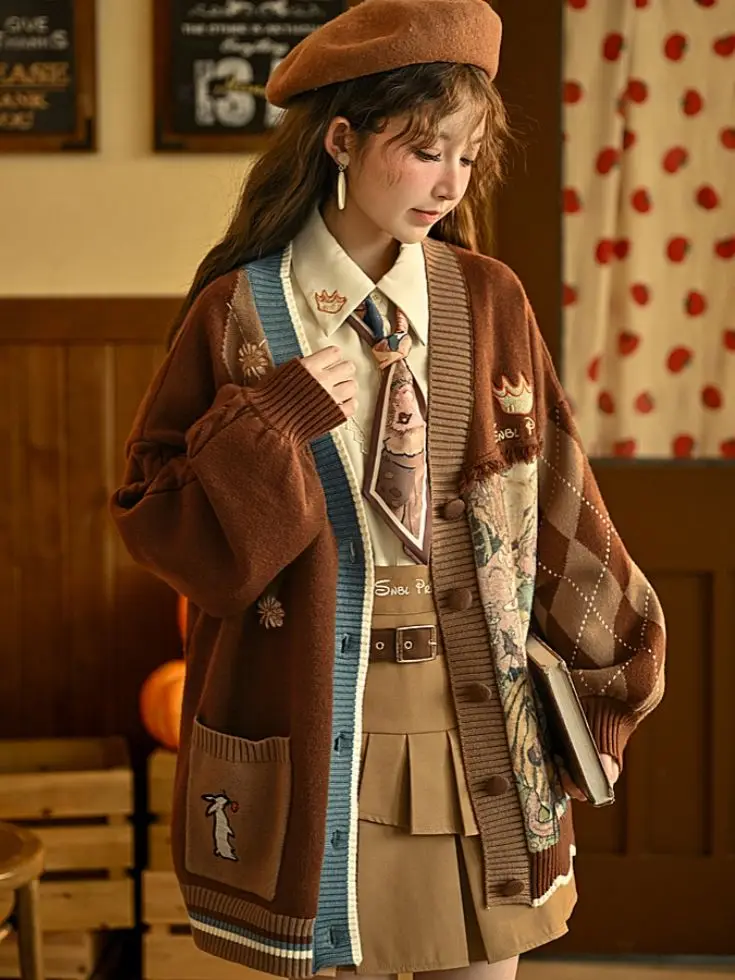 Brown sweater women's knitted cardigan embroidery college style loose jacket women's contrasting color anime sweet print