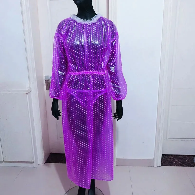 PVC Polka Dot Transparent Sexy Long Sleeved Lace Round Neck Dress Soft Smooth Silent ABDL Waterproof Loose Plastic Long Skirt