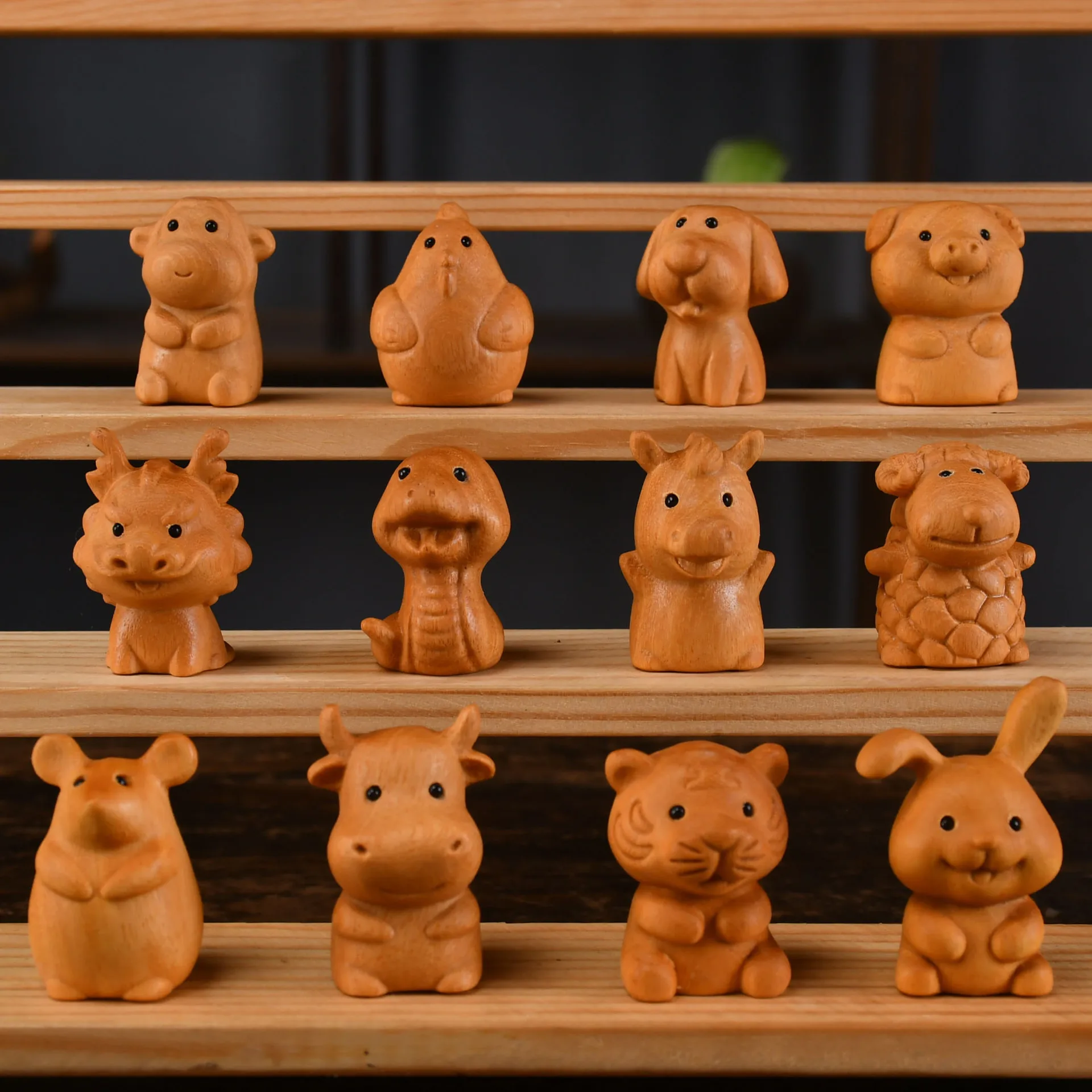 Boxwood Zodiac Animals Hand Piece Rat Ox Tiger Rabbit Dragon Snake Horse Goat Monkey Rooster Cartoon Solid Wood Mini Ornament