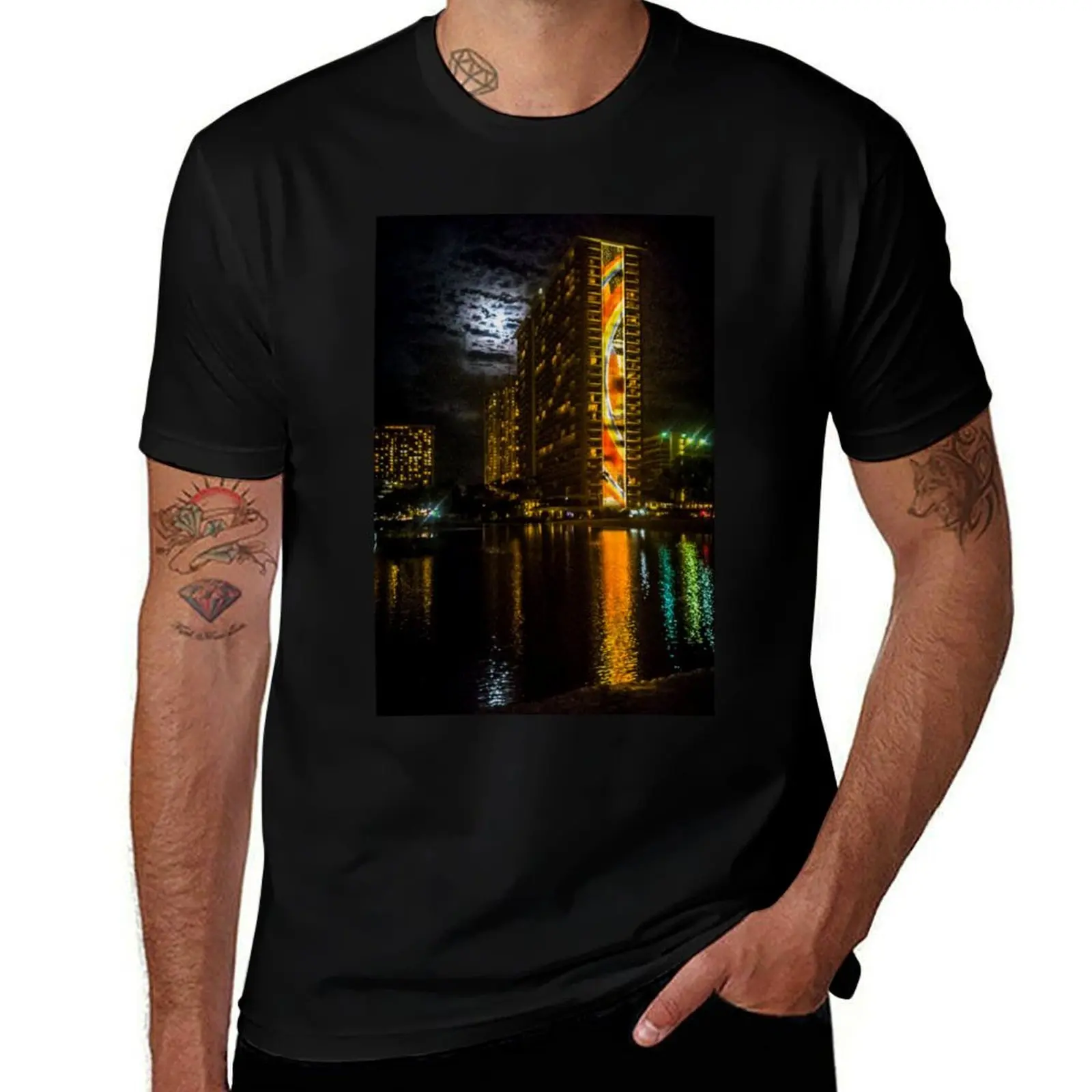 

man quality funny man shirt graphic humor cotton dark shirt t t t shirts T-Shirt Nighttime Resort Waikiki high