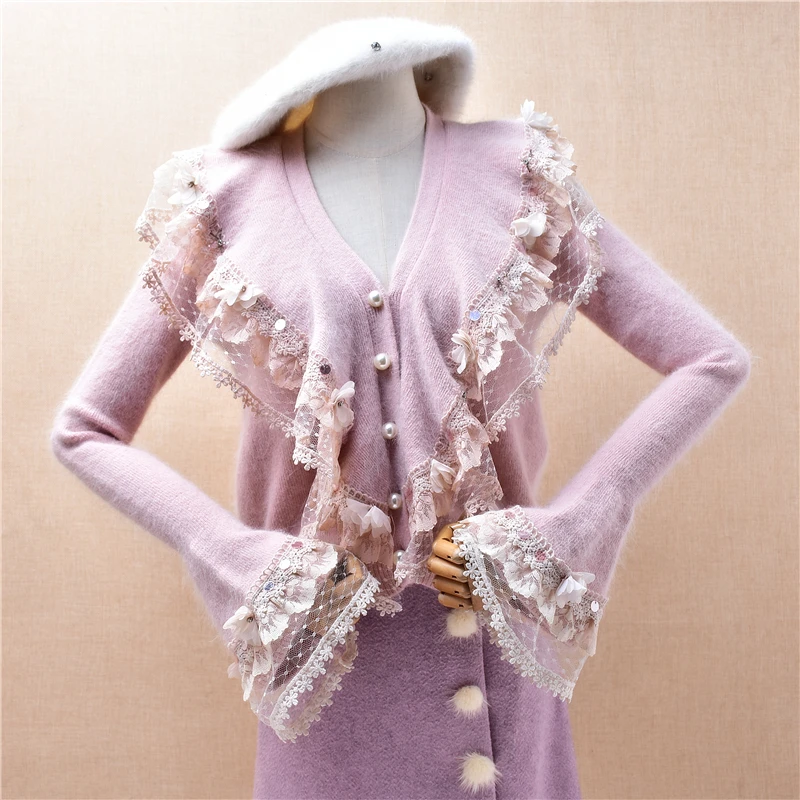 

Ladies Women Fall Winter Fashion Pink Lace Hairy Angora Rabbit Hair Long Flare Sleeves V-Neck Slim Cardigans Sweater Jacket Pull