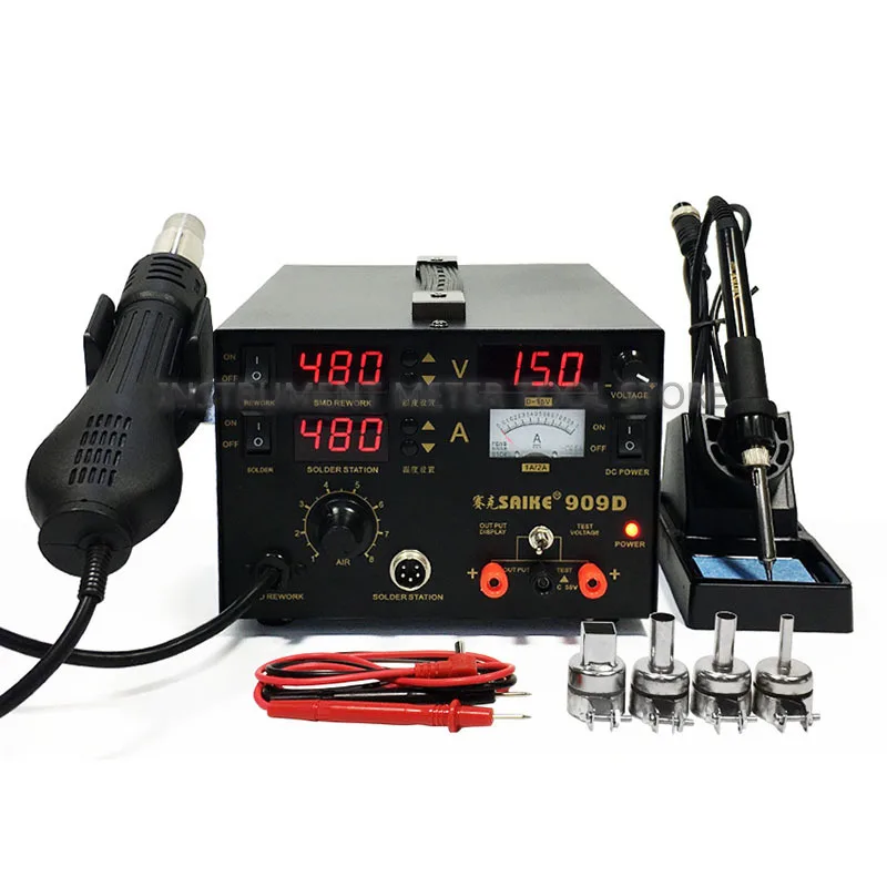 

110V Saike 909D 3 in 1 Heat Air Gun Solder Iron Soldering Station+Power Supply