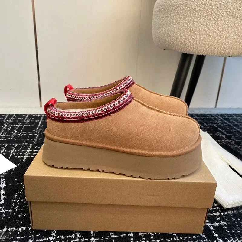 2026 جديد الشتاء الرجال النساء الجلد المدبوغ النعال جلد طبيعي تسمان نِعال من الفراء Tazz أحذية الترا صغيرة منخفضة أعلى التمهيد الدافئة قصيرة أفخم