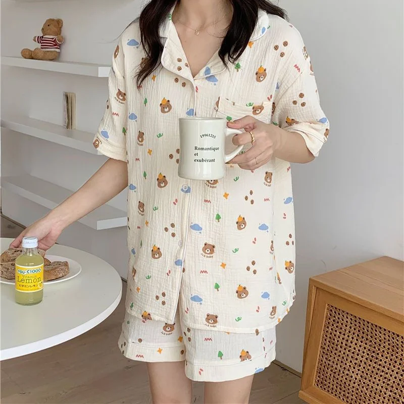 Summer Pajamas Homewear Suit Women Cartoon Summer Girls Cute Short-Sleeved Shorts Woven Bubble Cotton Loose Pajamas Homewear