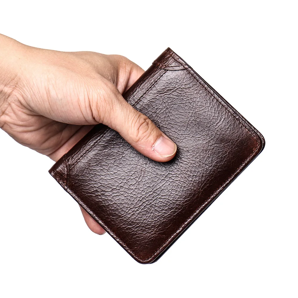 LJ-190-1 Oil Wax Leather Short Wallet,Genuine Leather Anti Magnetic Multiple Card Slots Can Be Used As RFID Card Bag