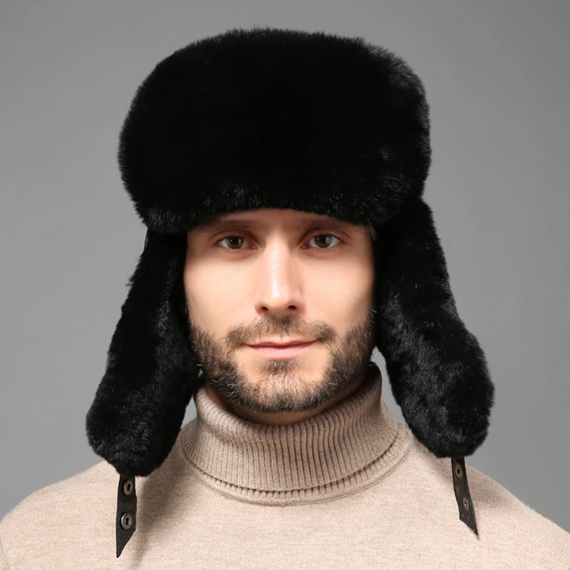 2024 New Men\'s 100% Natural Rex Rabbit Fur Bomber Hats Winter Russian Man Warm Real Sheepskin Leather Hat Male Real Fur Caps