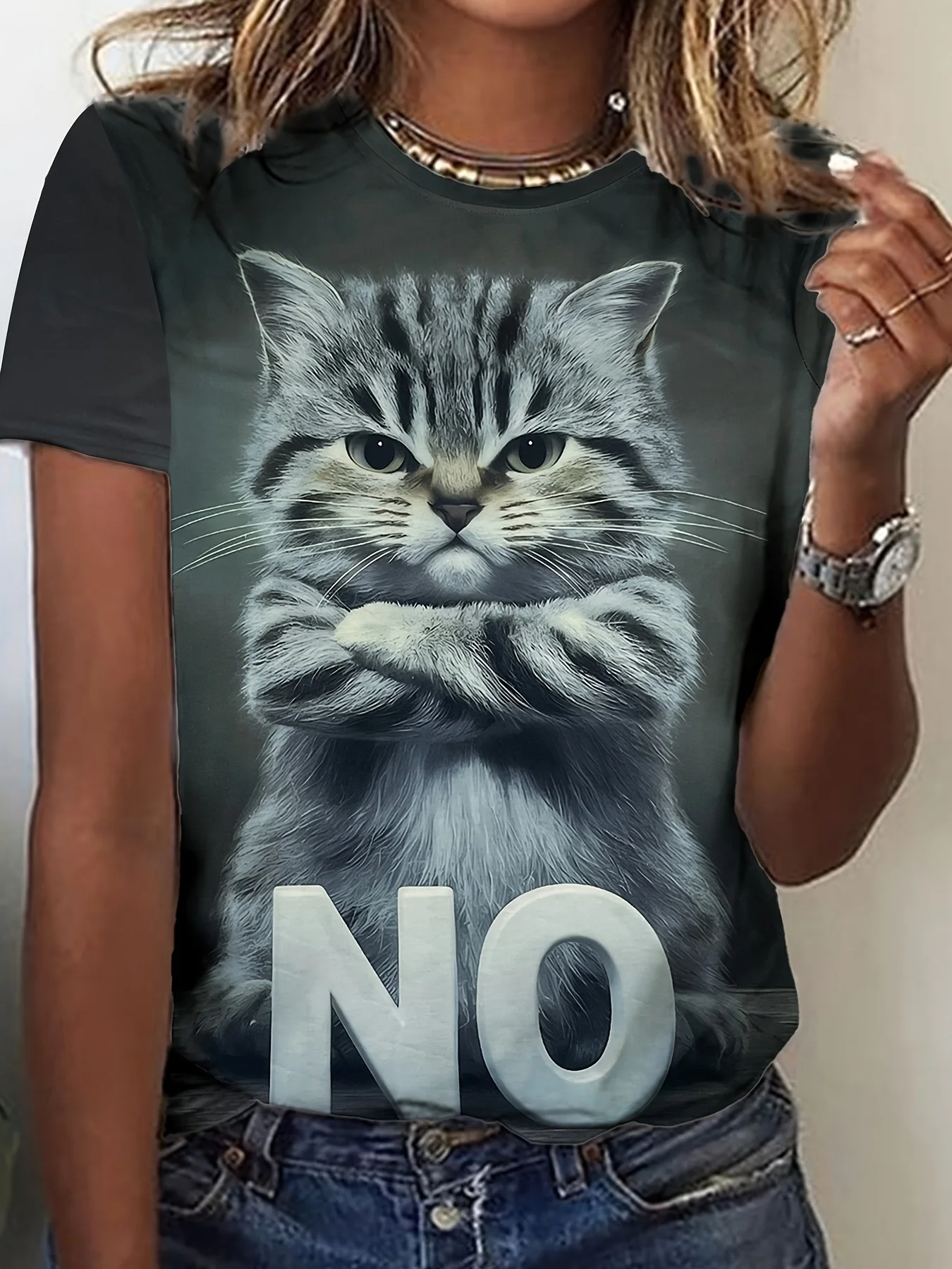 

2025 Women Summer Fashion Casual Short Sleeved Plus Size Cat Print T-shirt Casual Round Neck T-shirt Quick Drying and Breathable