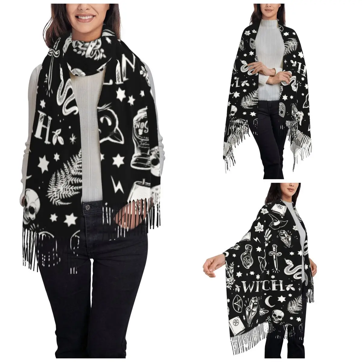 Witch Cat Pattern Shawl Wraps for Women Warm Large Long Scarf Halloween Occult Gothic Magic Pashminas Shawl Scarves