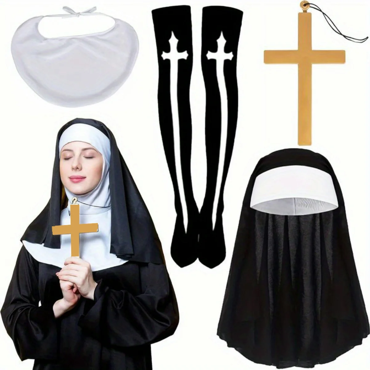 Nun Costume Accessory 4pcs Set- Outfit,Collar,Cross Necklace,Knee Socks for Women,Halloween, Cosplay, Carnival & Theme Parties