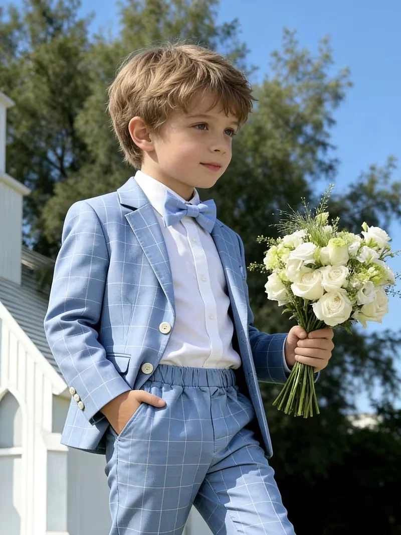 Gentleman Kids Formal Plaid Suit Set Flower Boys Wedding Dress Children's Piano Host Speech Performance Costume