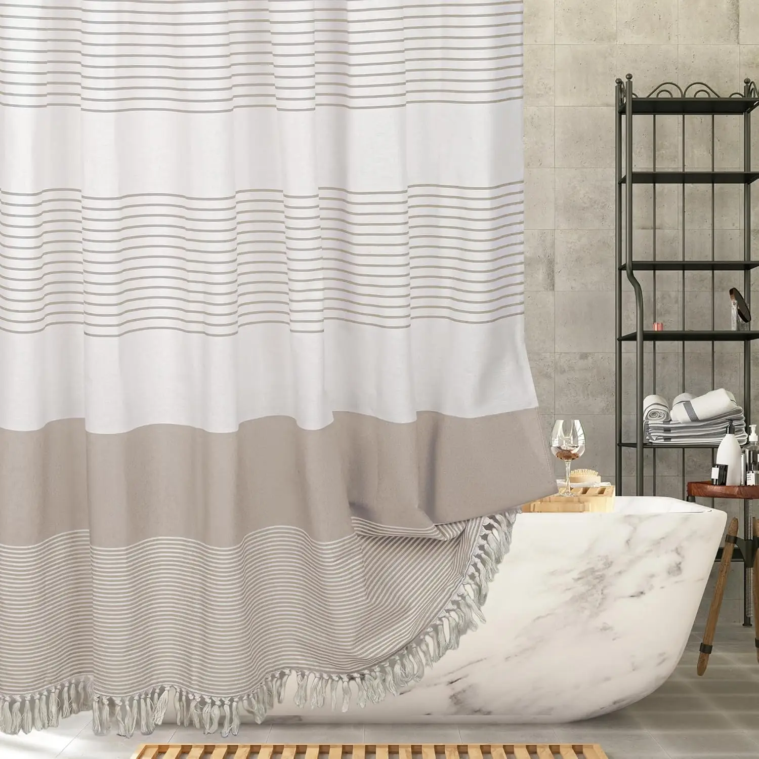 

Beige Linen Look Shower Curtain – Rustic Boho Farmhouse Style for Bathroom Decor, Waterproof & Wrinkle-Resistant Fabric