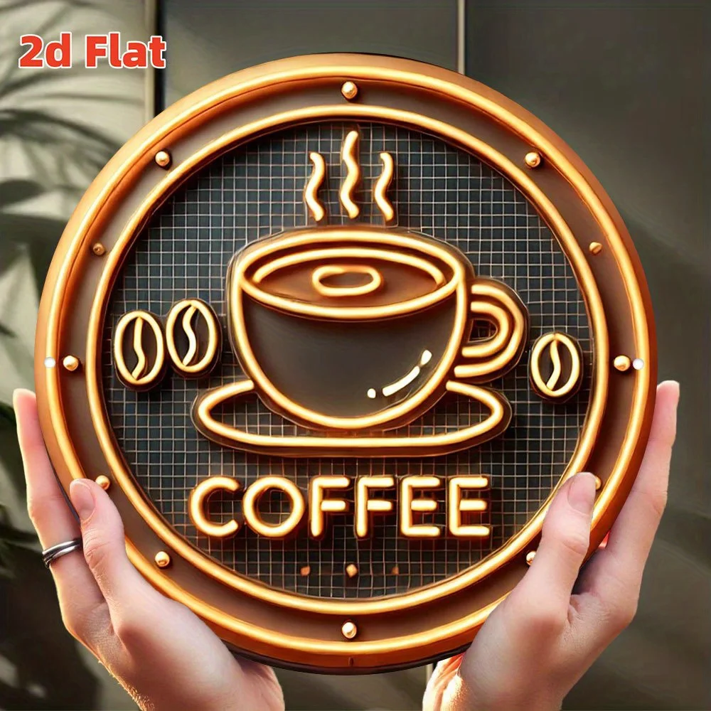 2D flaches Retro-Kaffee-Neonschild – Retro-Café-Wandkunst mit Kaffeetasse und Bohnen-Design, aus Holz
