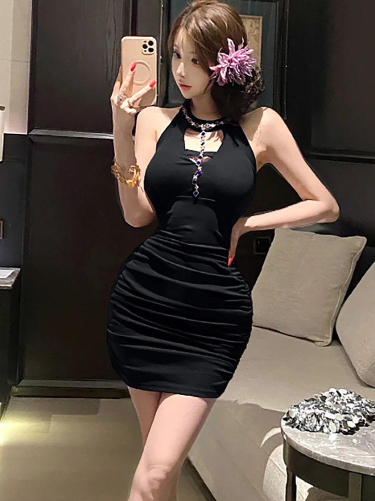 Women Purple Diamonds Hollow Out Neck-mounted Sexy Mini Dress Summer Bodycon Hip Wrap Dress 2025 New Korean Elegant Kawaii Dress