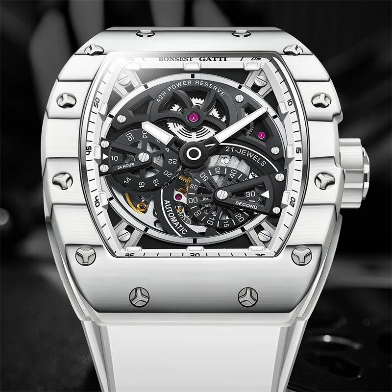

BONEST GATTI Men Tonneau Carbon Fiber Case Rubber Strap High End Skeleton Automatic Mechanical Wristwatch