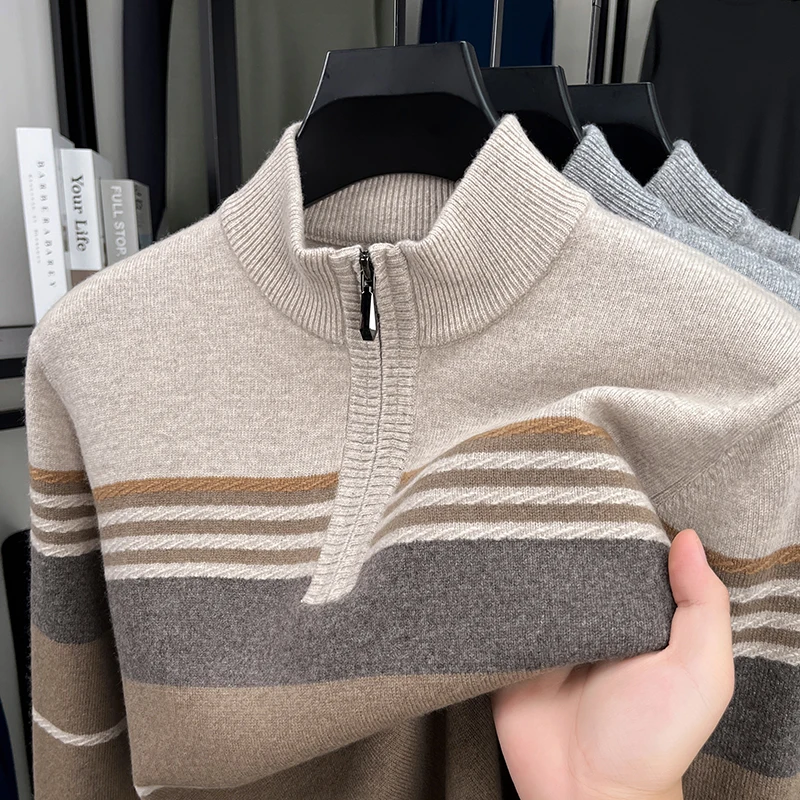 

90% Wool 10% Cashmere Pullover Knitted Sweater Men Autumn Winter Business Casual Stripe Sweater Jumpers Tops