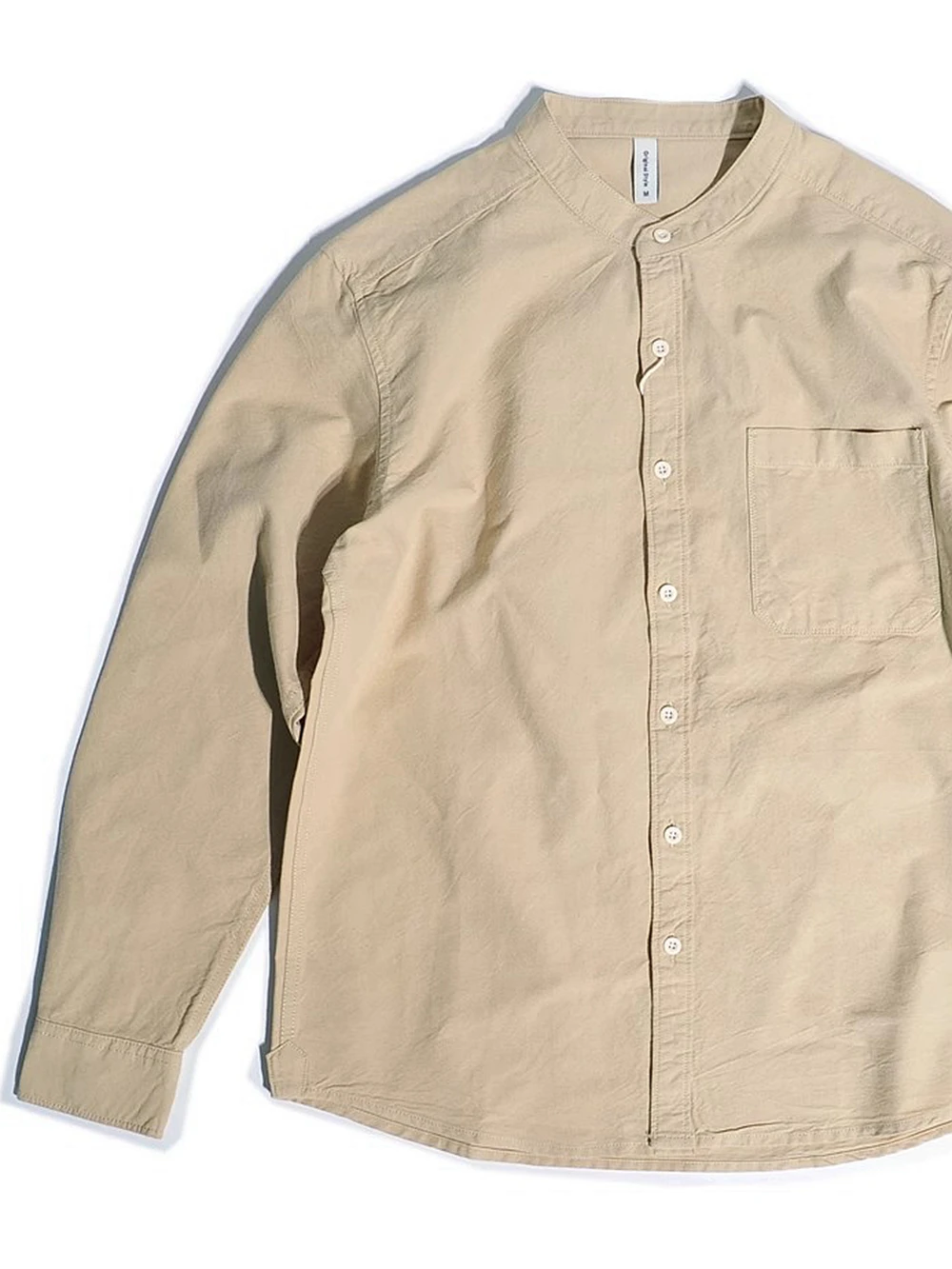 

Spring Season Versatile Japanese Retro Artistic round Ne Stand Collar Long Sve Casual irt Men's Pure Cotton Color