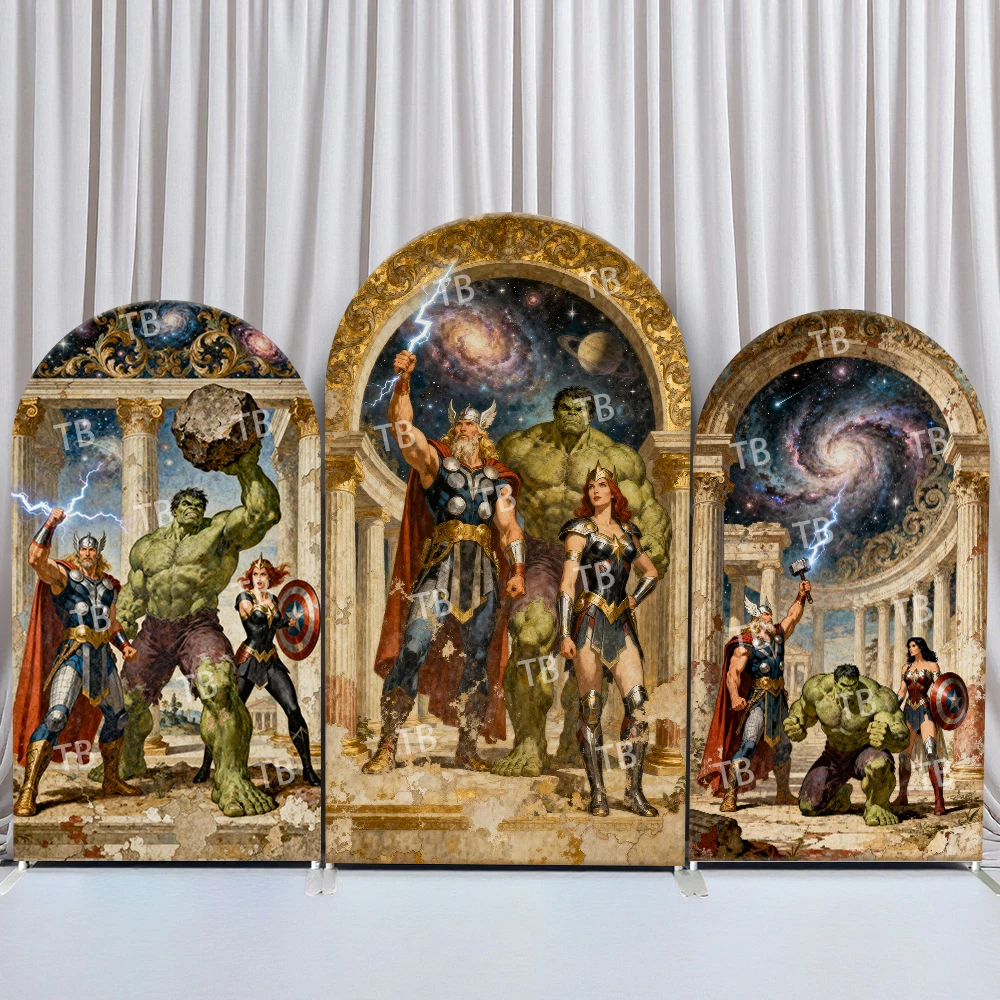 

Marvel Heroes Classical Art Arch Backdrop Cover Greek Style Vintage Painting Style Birthday & Baby Shower Party Photo Booth