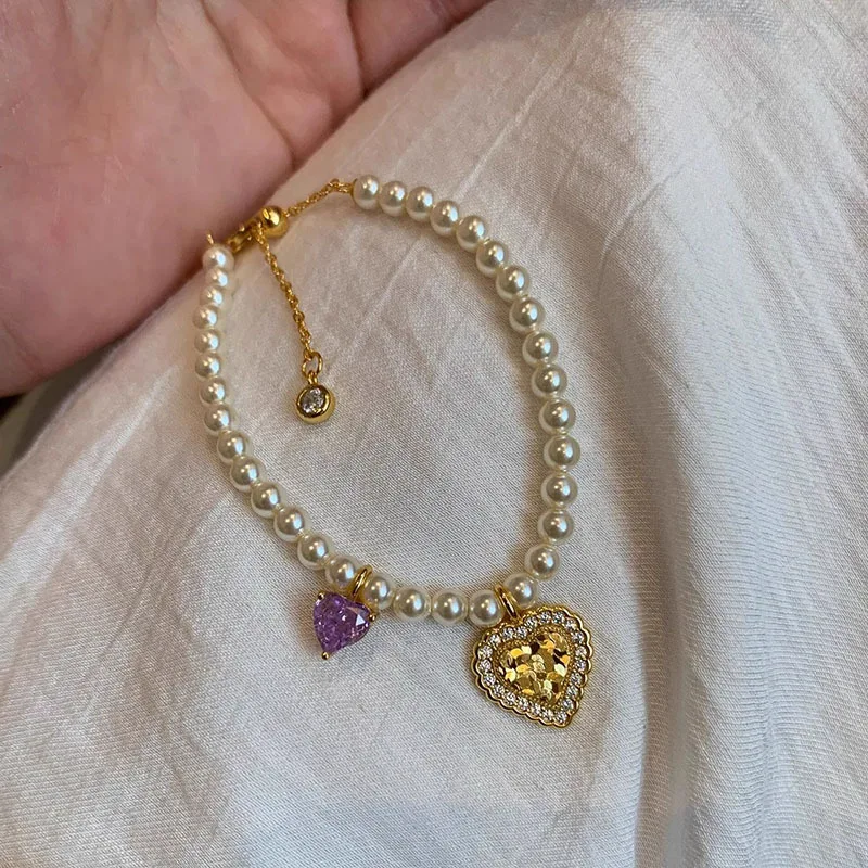 

Exquisite and Fresh Beaded Pearl Bracelets for women Pink Diamond Heart Pendant bangles Charm Simple Wedding Jewelry Gifts