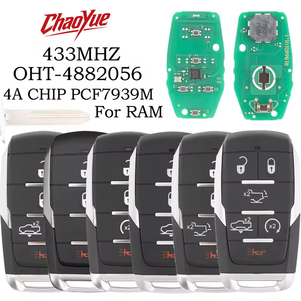 ChaoYue OHT-4882056 4A PCF7939M Chip 433MHz Llave Remota para Auto con Sistema Keyless Go 68291687AD para Dodge RAM 1500 TRX Pickup 2019 2020 2021