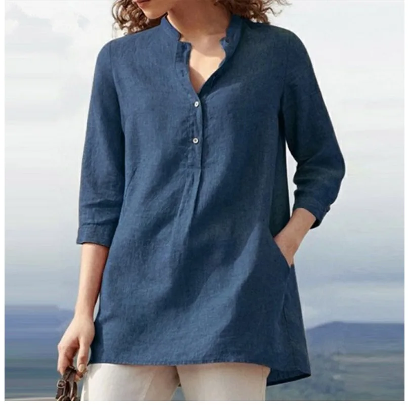 

Button Casual Blouses And Shirts Spring Autumn Half Sleeve Fashion Women Blouses V-Neck Solid Women's Shirt Top Female New 2025