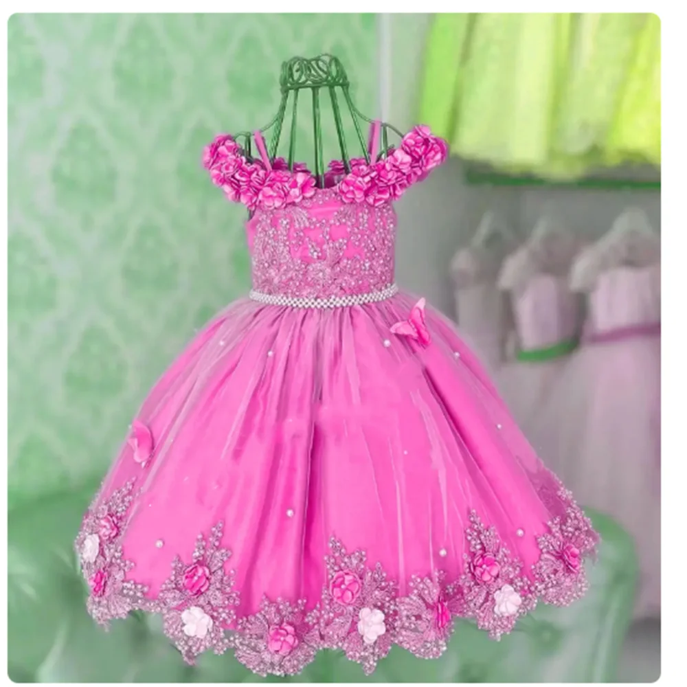 

Luxury Wedding Flower Girl Dress For Wedding Sleeveless Applique With Pearls Bow Kids Birthday Party Tulle Pageant Ball Gown New