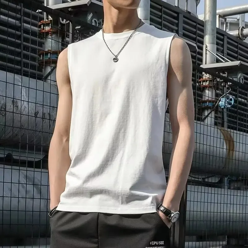 Summer Versatile Loose Men's Tank Top Shoulder Widthened Sleeveless Basketball Style Fitness Sportswear Solid Color T-Shirt