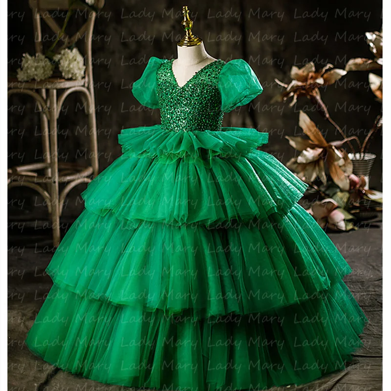 

Customized Green Girls Birthday Party Gowns Layers Tulle Skirt Short Sleeves Princess Wedding Flower Gowns Photo Shoot Pageant