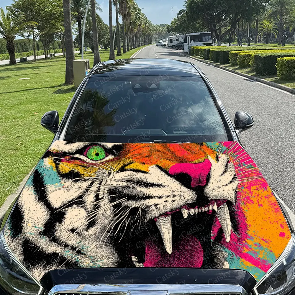 Color-Pop Roaring Tiger with Artistic Flair Car Hood Stickers - Self-Adhesive, Waterproof and Durable Vinyl Wrap, Decorate And P