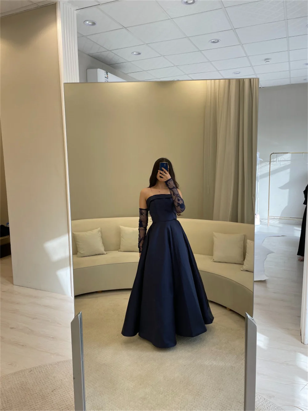 Sansa Sexy Strapless A-line فساتين سهره فاخره 2023 Elegant Lace Embroid Sleeve Vestidos De Noche Navy Blue Satin Prom Dress