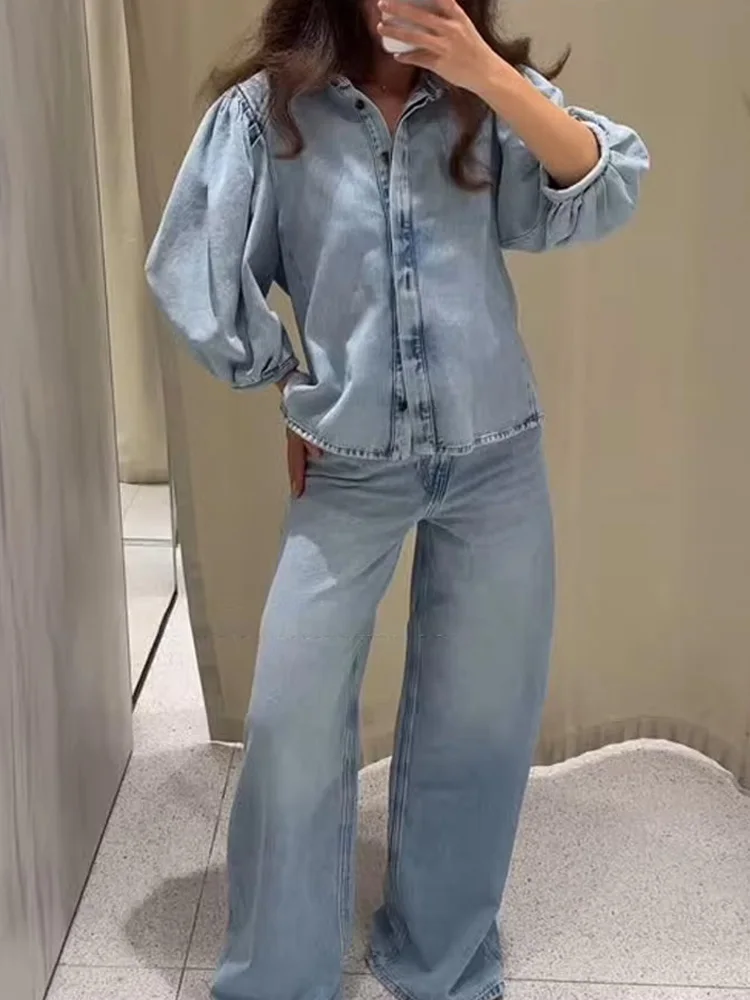 HH-pantalones vaqueros lisos para mujer, traje holgado con solapa, camisa de un solo pecho + pantalón informal de pierna ancha con bolsillo lateral de cintura alta y cremallera