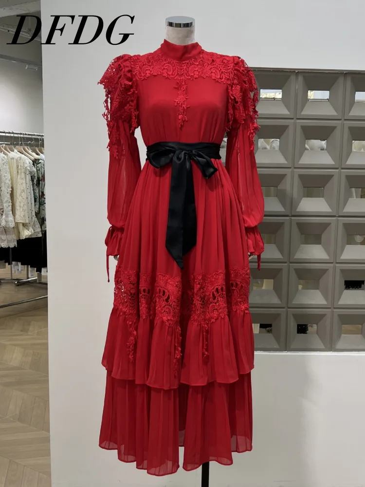 

DFDG Spring And Autumn New Embroidered Lace Long Sleeve Folded Strap With Waist Elegant Dress For Women 2024