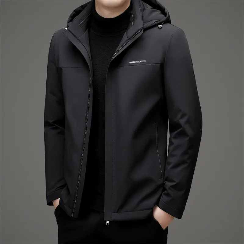 Business Casual Men's Hooded White Duck Down Jackets 2024 Winter Wear Solid Loose Puffer Coat Outdoor Windproof Top Down Garment