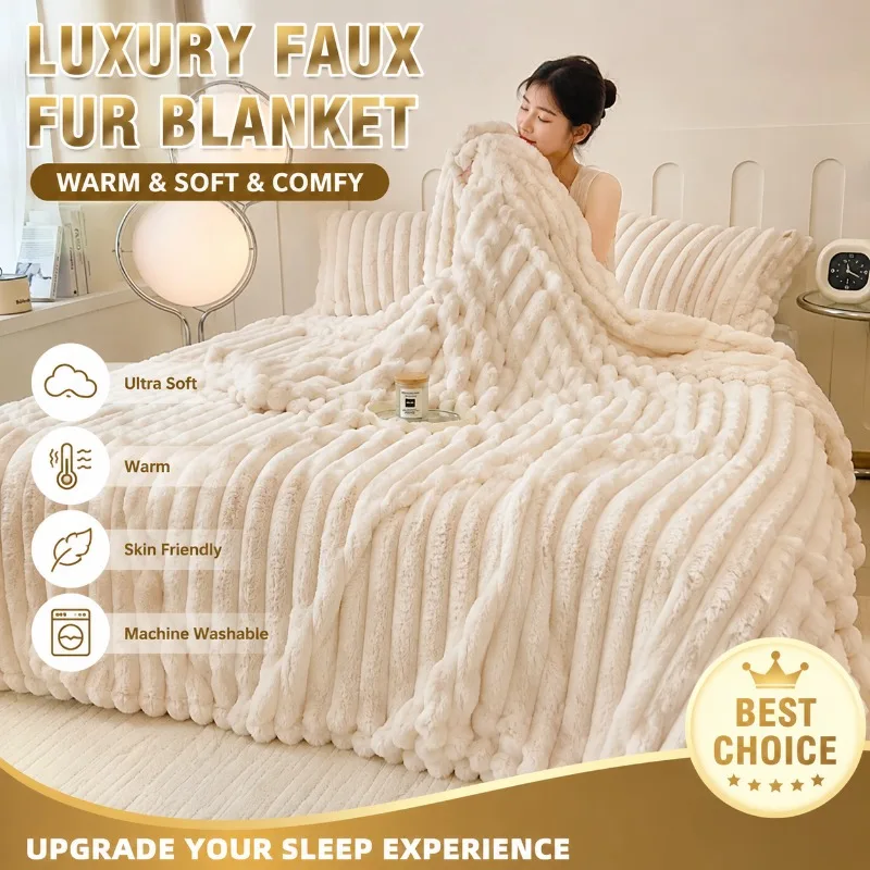 Faux Fur Plush Blanket Warm Thickened Soft Sofa Throw Blanket Artificial Rabbit Hair Ribbed Multi-functional Office Nap Autumn