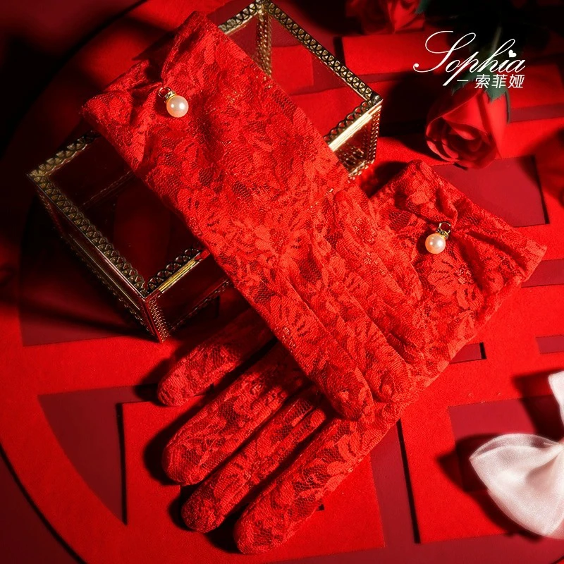 Guantes de boda nupciales de tendencia, guantes rojos cortos sexis, guantes elásticos de tul florales finos para fiesta de noche elegante para mujer