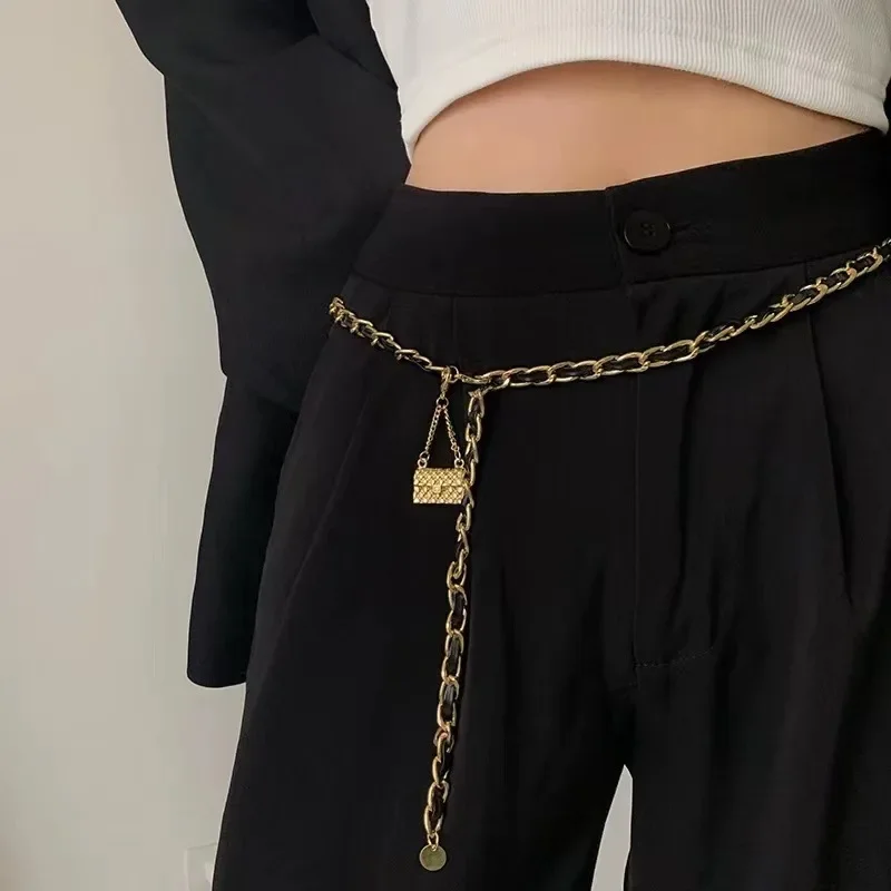 Gold Metal Bag Thin Women Belt Elegant Shiny Tassel Long Chain Waist Belts for Ladies Fashion Dress Skirt Waistband Body Belts