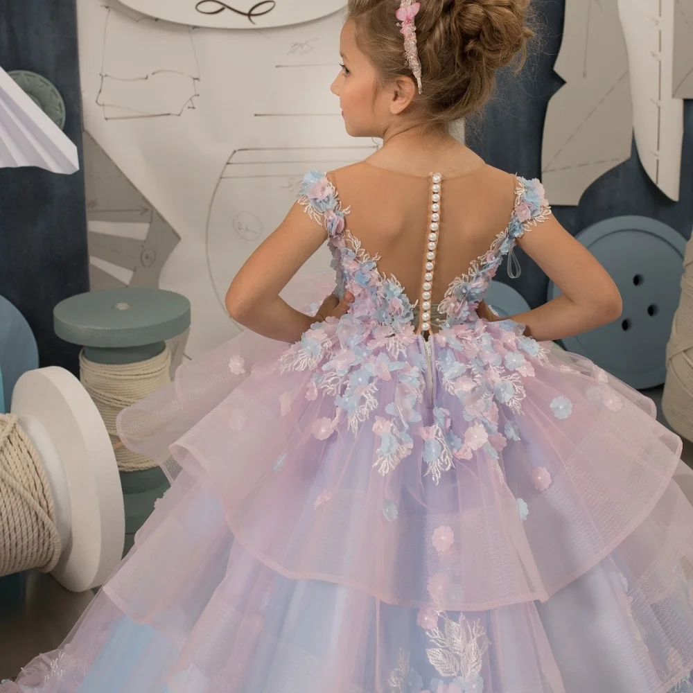 Lorencia Pink Blue Flower Girl Dress For Wedding Princess Floral Appliques Tiered Kids Holy Birthday Party Pageant Gown YFD021