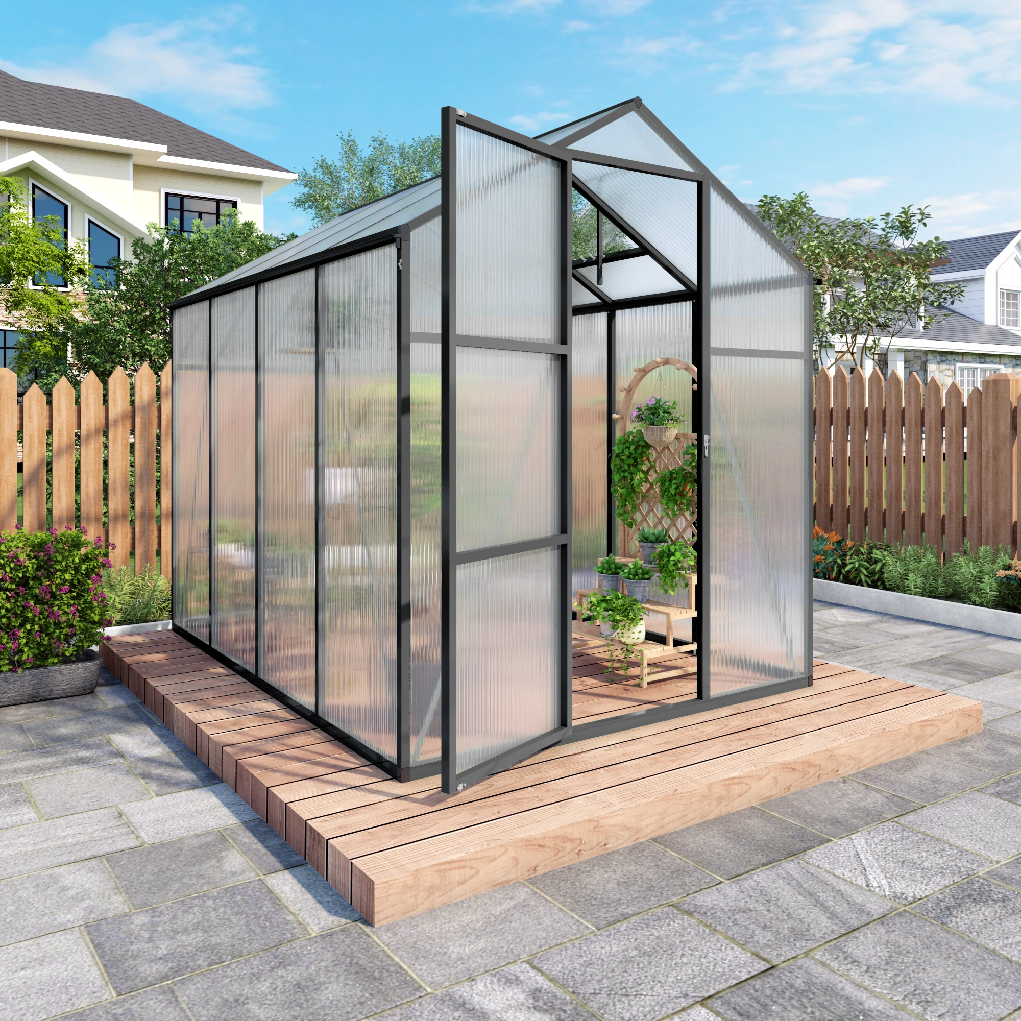 

SUSU 6*8ft Newly marketed Gain height windproofaluminum greenhouse Polycarbonate Greenhouse Raised Base Anchor Aluminum