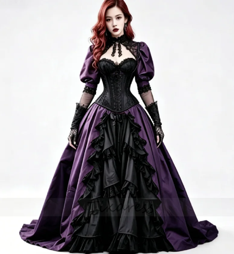 Dark Romantic Victorian Gothic Wedding Dress  Alternative Halloween Vampire Corset Bridal Gowns Lace Tiered Ruffles Costume