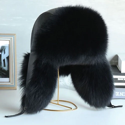Natural Raccoon Fur Hat Women Black Fox Fur Russian Ushanka Hats Winter Warm Ears Bomber Cap, image 8