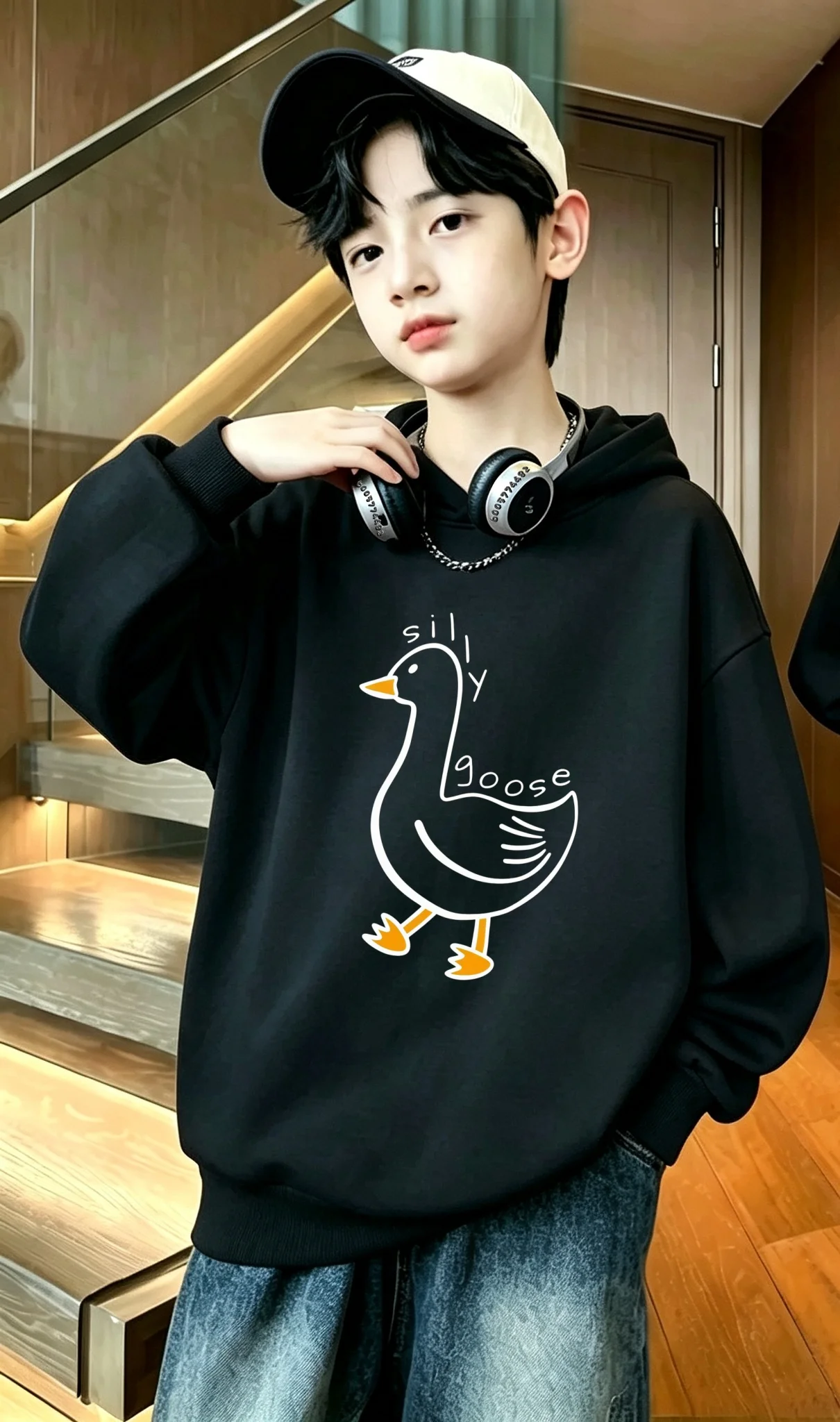 Y2K cartoon duck pattern hooded casual warm pullover hoodie, children's loose-fitting hooded sweatshirt