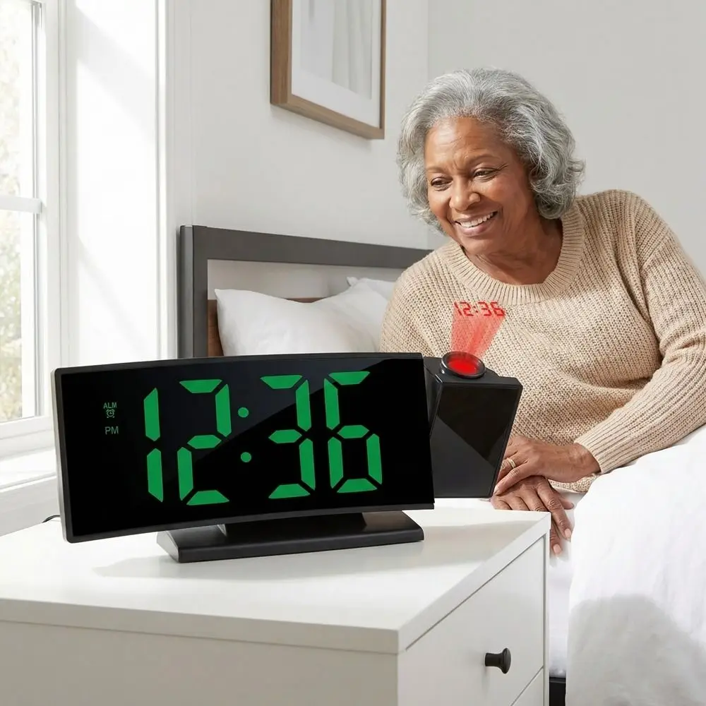 180° Rotating Projection LED Alarm Clock Calendar Display Time Temperature Display Digital Clock Brightness Adjustable