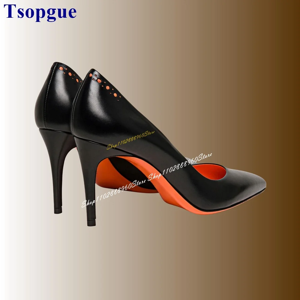 Trending Black Shallow Orange Sole Pumps Thin High Heel Shoes For Women Slip On Pointed Toe 2024 Fashionable Zapatos Para Mujere