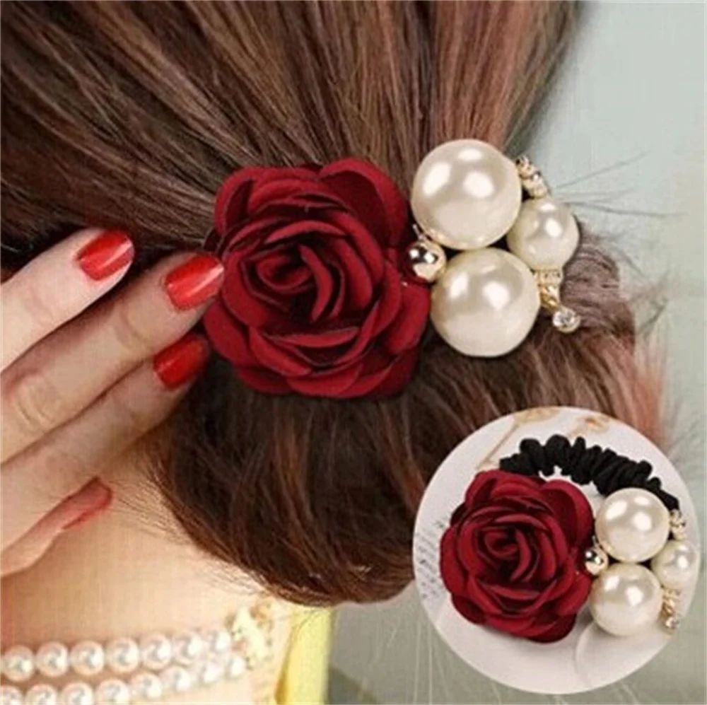 Fashion Big Imitate Pearl Rose Flower Hair Band for Women Girl Rhinestone Rope Ladies Rubber Ring Elastic Scrunchies Headwear