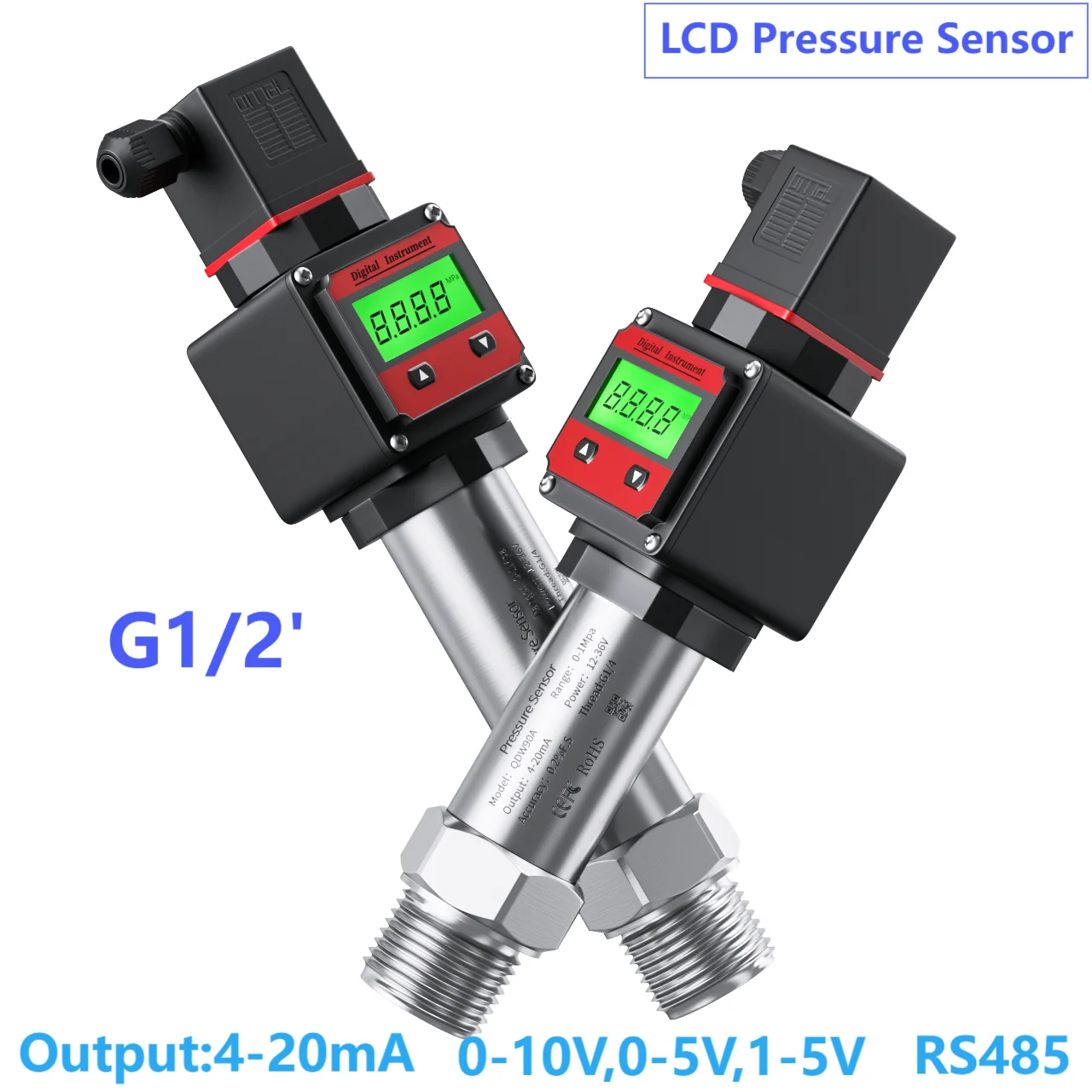 

G1/2 LCD Pressure Transducer Sensor 0-0.3bar 0.5bar 30bar 50bar Pressure Gauge Digital Display DC24V DC12V 4-20mA Pressure