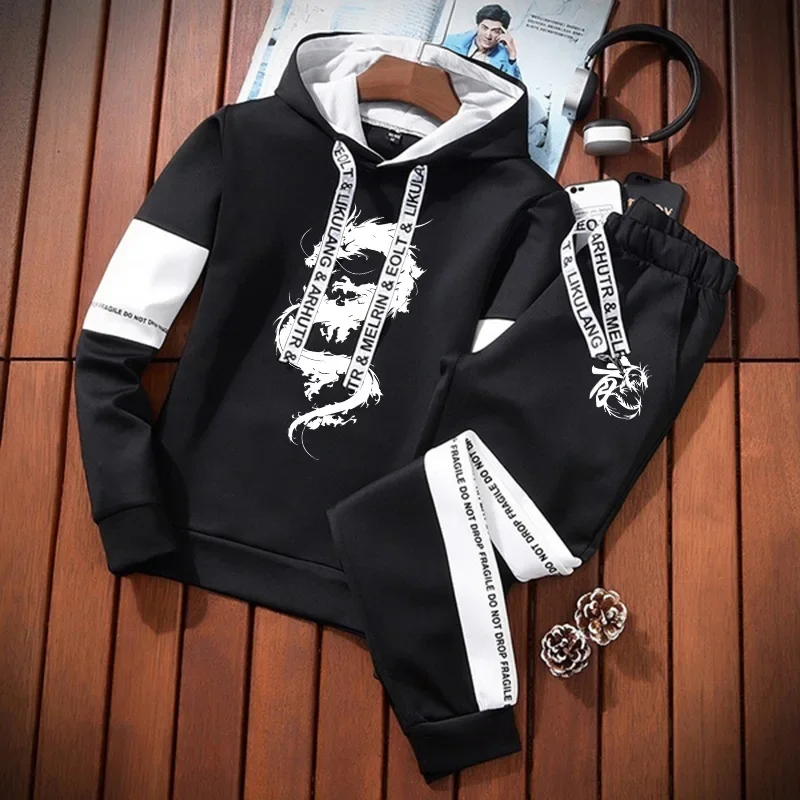 

Trendy 2025 Chinese Dragon Print Hoodies Tracksuit for Men Winter Autumn Casual Jogging Outfit Athletic Sportswear Sweatpants
